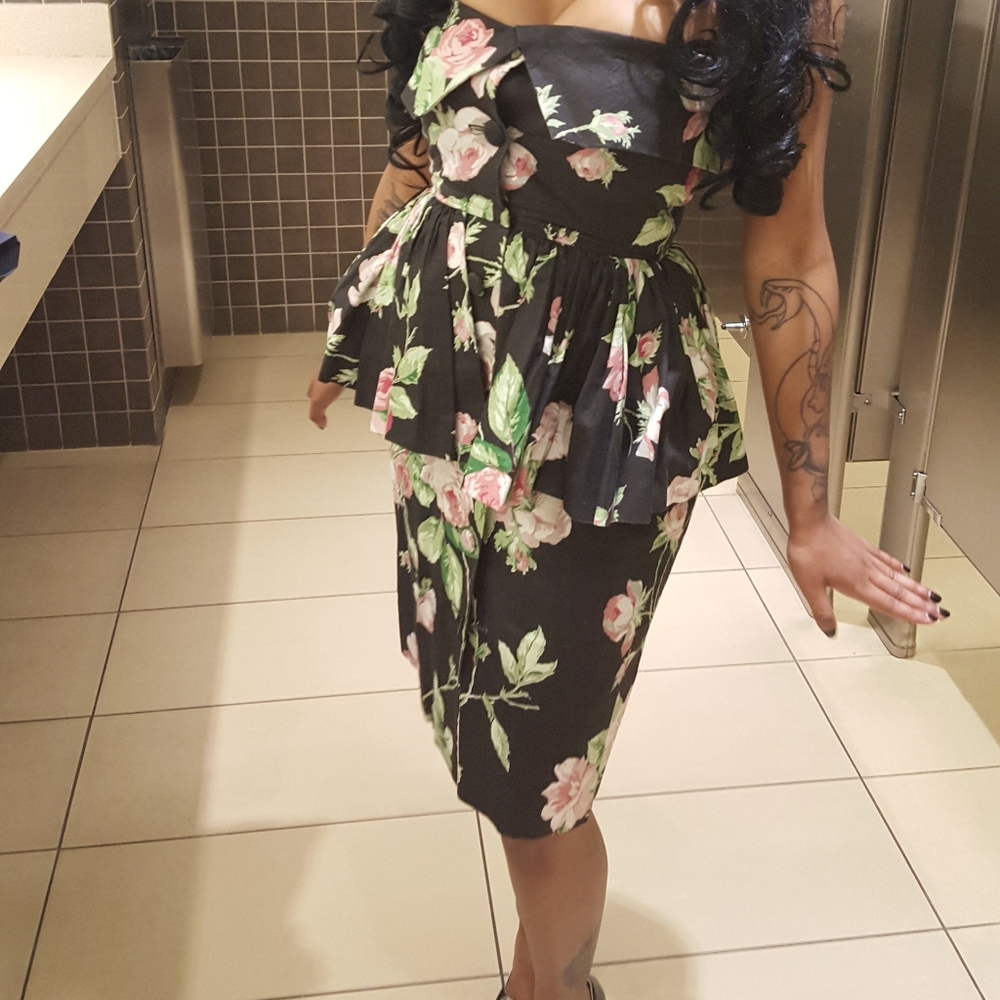 Regina Kravitz vintage vtg floral flower pencil tube dress green pin up xs small